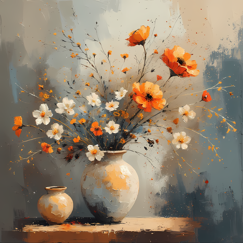 Floral Still Life Art Bundle: Painterly Impressionist Style for Home Decor. Elevate your space with this stunning collection of painterly impressionist still life artwork, featuring elegant floral arrangements in vases. With soft, earthy tones and a relax