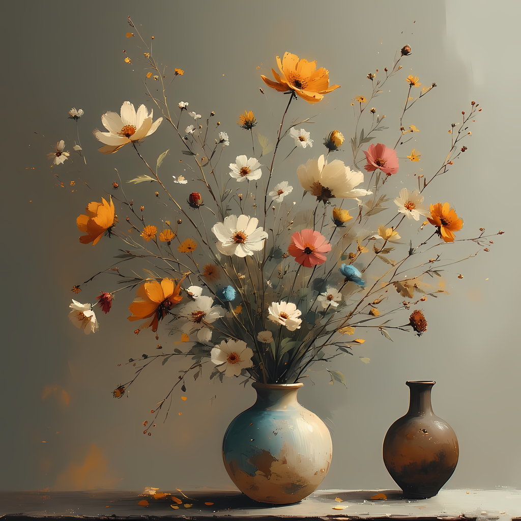 Floral Still Life Art Bundle: Painterly Impressionist Style for Home Decor. Elevate your space with this stunning collection of painterly impressionist still life artwork, featuring elegant floral arrangements in vases. With soft, earthy tones and a relax