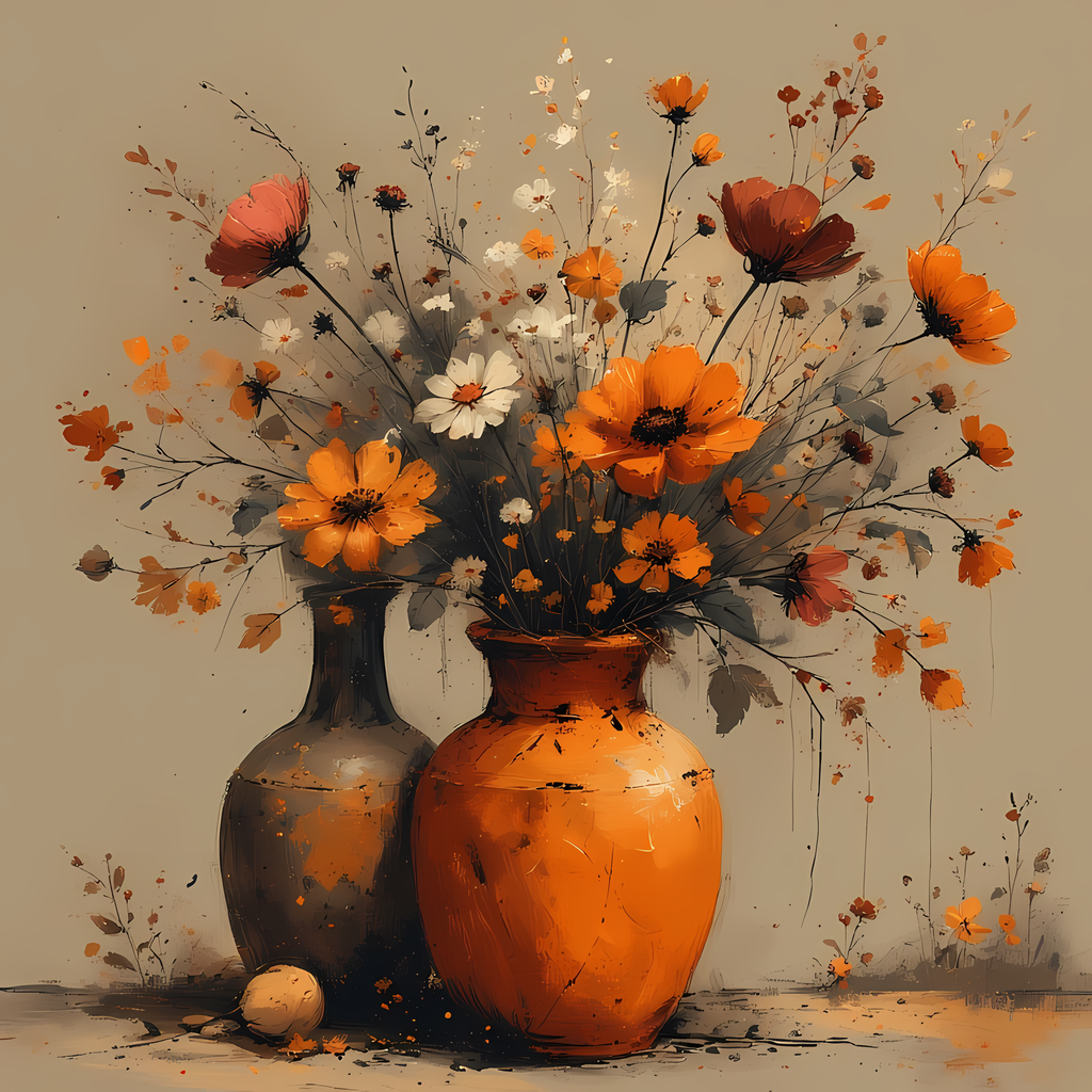 Floral Still Life Art Bundle: Painterly Impressionist Style for Home Decor. Elevate your space with this stunning collection of painterly impressionist still life artwork, featuring elegant floral arrangements in vases. With soft, earthy tones and a relax