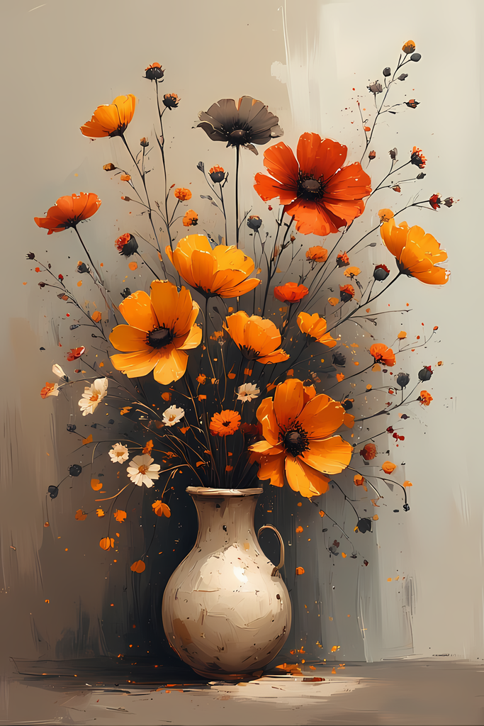 Floral Still Life Art Bundle: Painterly Impressionist Style for Home Decor. Elevate your space with this stunning collection of painterly impressionist still life artwork, featuring elegant floral arrangements in vases. With soft, earthy tones and a relax