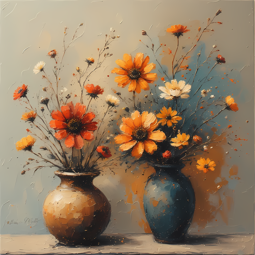 Floral Still Life Art Bundle: Painterly Impressionist Style for Home Decor. Elevate your space with this stunning collection of painterly impressionist still life artwork, featuring elegant floral arrangements in vases. With soft, earthy tones and a relax