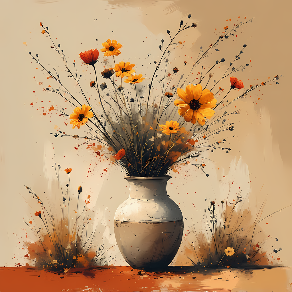 Floral Still Life Art Bundle: Painterly Impressionist Style for Home Decor. Elevate your space with this stunning collection of painterly impressionist still life artwork, featuring elegant floral arrangements in vases. With soft, earthy tones and a relax