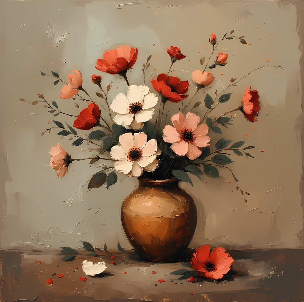 Floral Still Life Art Bundle: Painterly Impressionist Style for Home Decor. Elevate your space with this stunning collection of painterly impressionist still life artwork, featuring elegant floral arrangements in vases. With soft, earthy tones and a relax