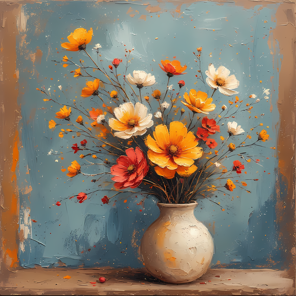 Floral Still Life Art Bundle: Painterly Impressionist Style for Home Decor. Elevate your space with this stunning collection of painterly impressionist still life artwork, featuring elegant floral arrangements in vases. With soft, earthy tones and a relax