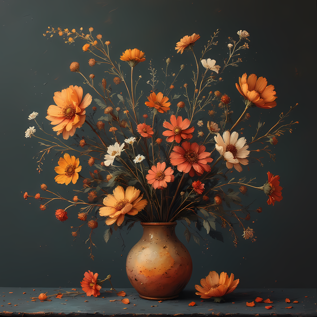 Floral Still Life Art Bundle: Painterly Impressionist Style for Home Decor. Elevate your space with this stunning collection of painterly impressionist still life artwork, featuring elegant floral arrangements in vases. With soft, earthy tones and a relax