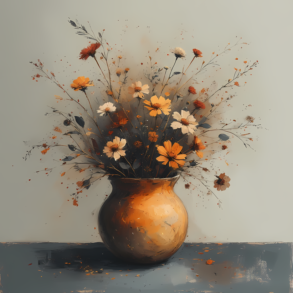 Floral Still Life Art Bundle: Painterly Impressionist Style for Home Decor. Elevate your space with this stunning collection of painterly impressionist still life artwork, featuring elegant floral arrangements in vases. With soft, earthy tones and a relax