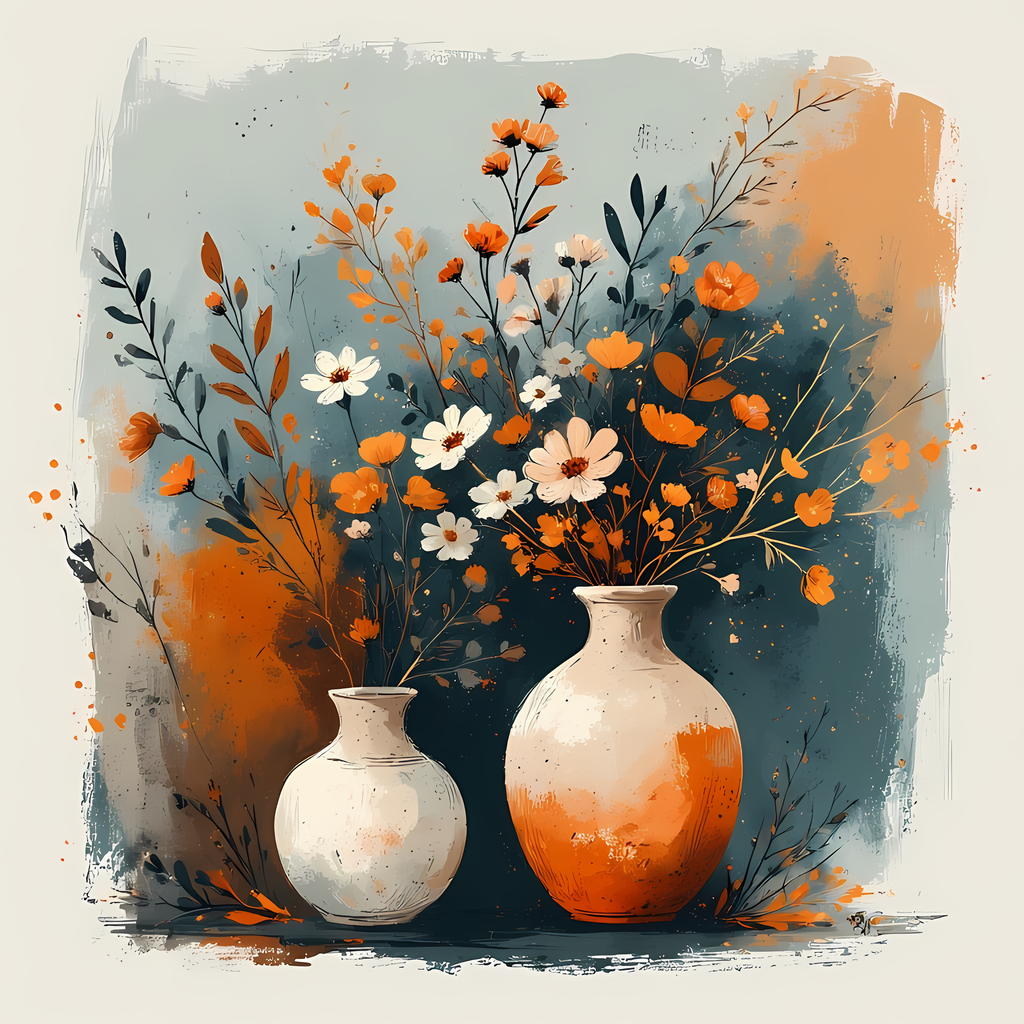 Floral Still Life Art Bundle: Painterly Impressionist Style for Home Decor. Elevate your space with this stunning collection of painterly impressionist still life artwork, featuring elegant floral arrangements in vases. With soft, earthy tones and a relax