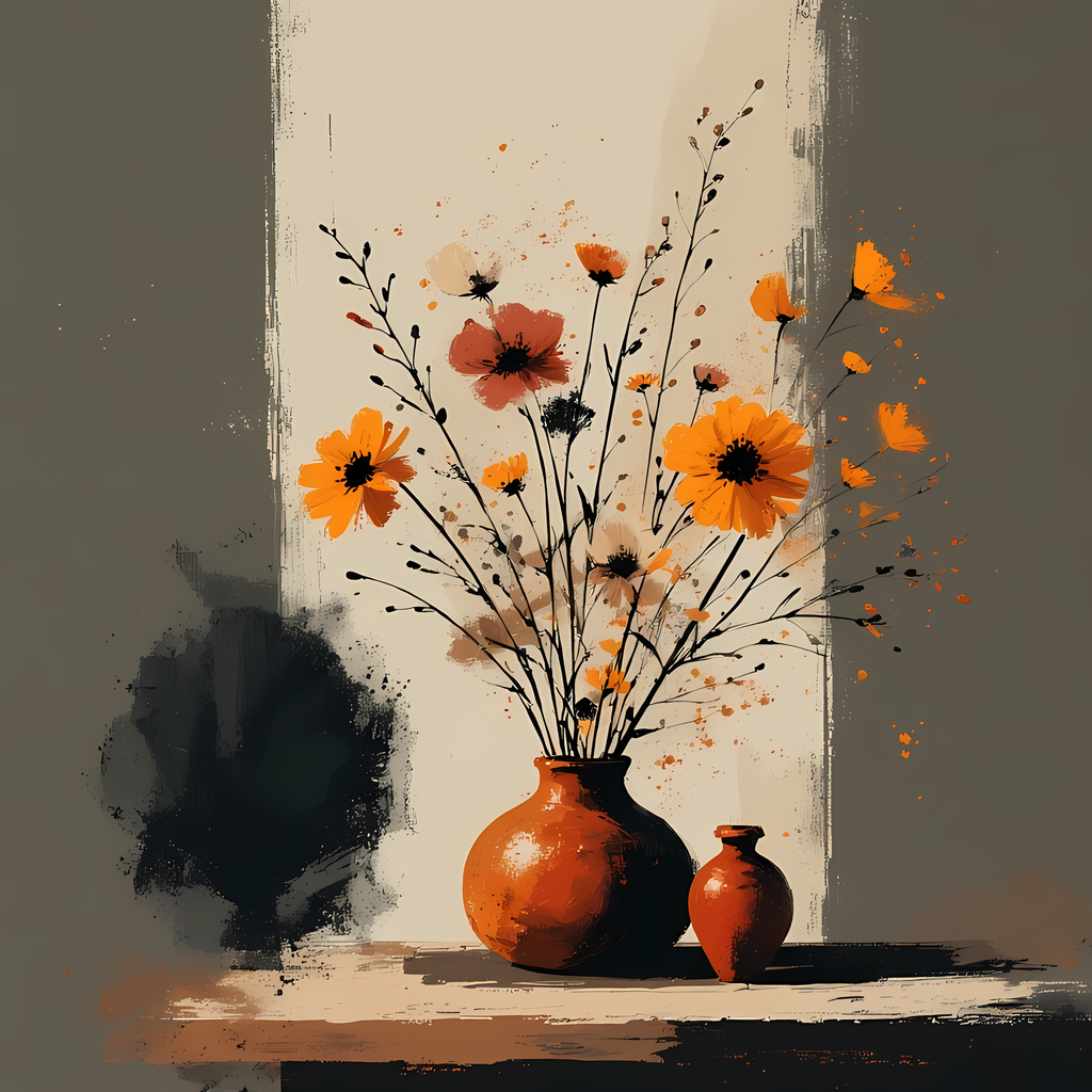 Floral Still Life Art Bundle: Painterly Impressionist Style for Home Decor. Elevate your space with this stunning collection of painterly impressionist still life artwork, featuring elegant floral arrangements in vases. With soft, earthy tones and a relax