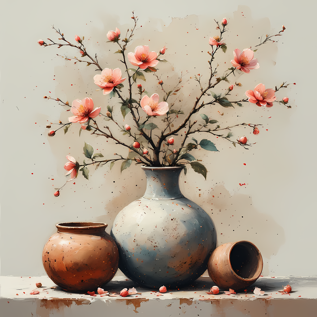 Floral Still Life Art Bundle: Painterly Impressionist Style for Home Decor. Elevate your space with this stunning collection of painterly impressionist still life artwork, featuring elegant floral arrangements in vases. With soft, earthy tones and a relax