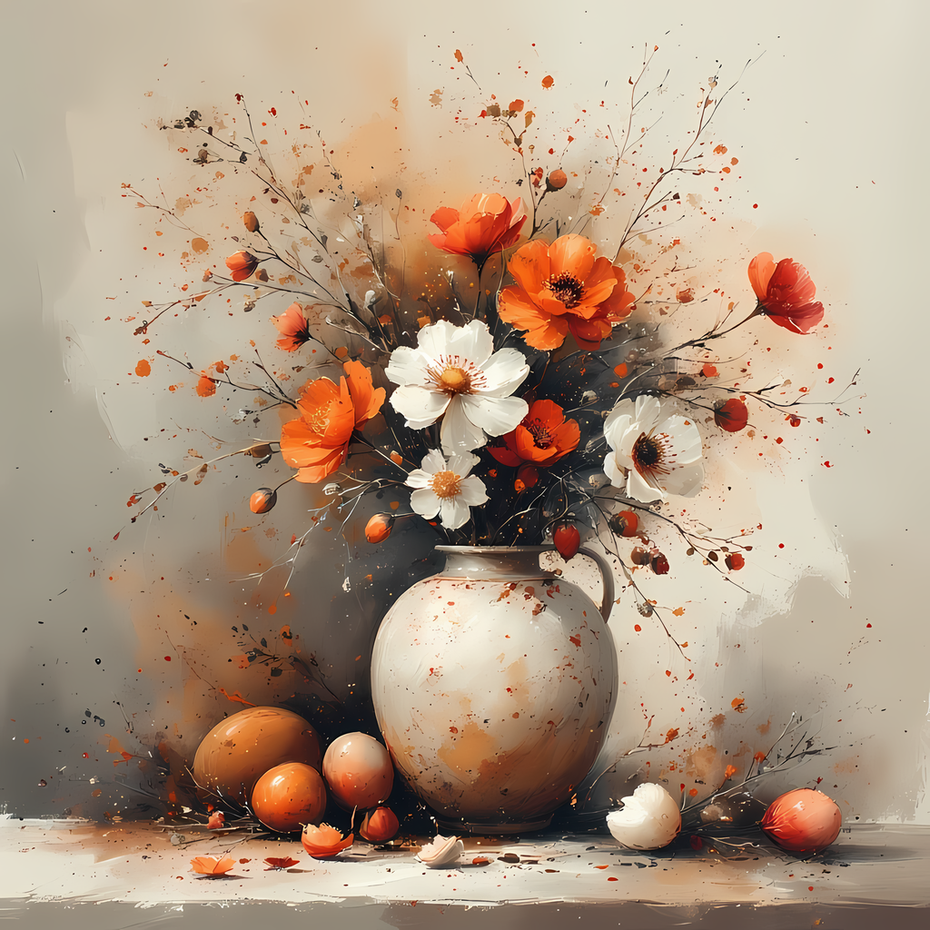 Floral Still Life Art Bundle: Painterly Impressionist Style for Home Decor. Elevate your space with this stunning collection of painterly impressionist still life artwork, featuring elegant floral arrangements in vases. With soft, earthy tones and a relax