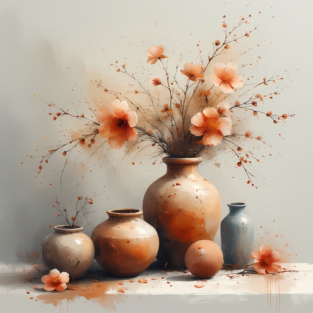 Floral Still Life Art Bundle: Painterly Impressionist Style for Home Decor. Elevate your space with this stunning collection of painterly impressionist still life artwork, featuring elegant floral arrangements in vases. With soft, earthy tones and a relax