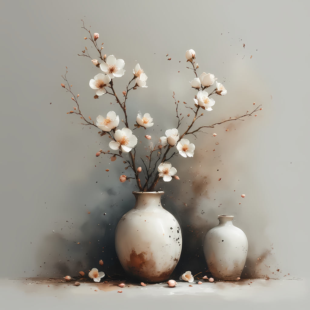 Floral Still Life Art Bundle: Painterly Impressionist Style for Home Decor. Elevate your space with this stunning collection of painterly impressionist still life artwork, featuring elegant floral arrangements in vases. With soft, earthy tones and a relax