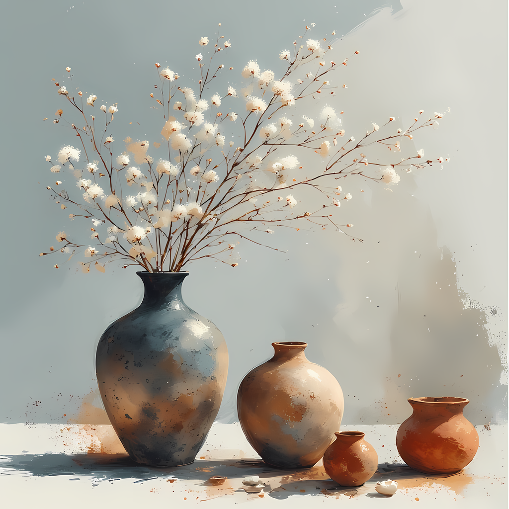 Floral Still Life Art Bundle: Painterly Impressionist Style for Home Decor. Elevate your space with this stunning collection of painterly impressionist still life artwork, featuring elegant floral arrangements in vases. With soft, earthy tones and a relax