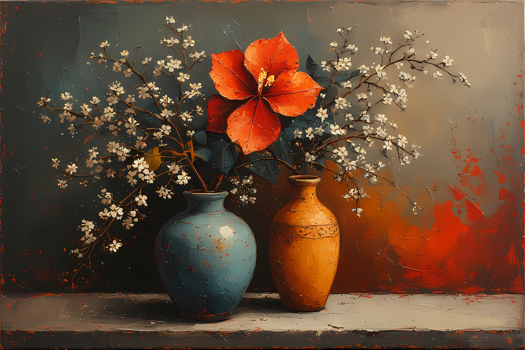 Floral Still Life Art Bundle: Painterly Impressionist Style for Home Decor. Elevate your space with this stunning collection of painterly impressionist still life artwork, featuring elegant floral arrangements in vases. With soft, earthy tones and a relax