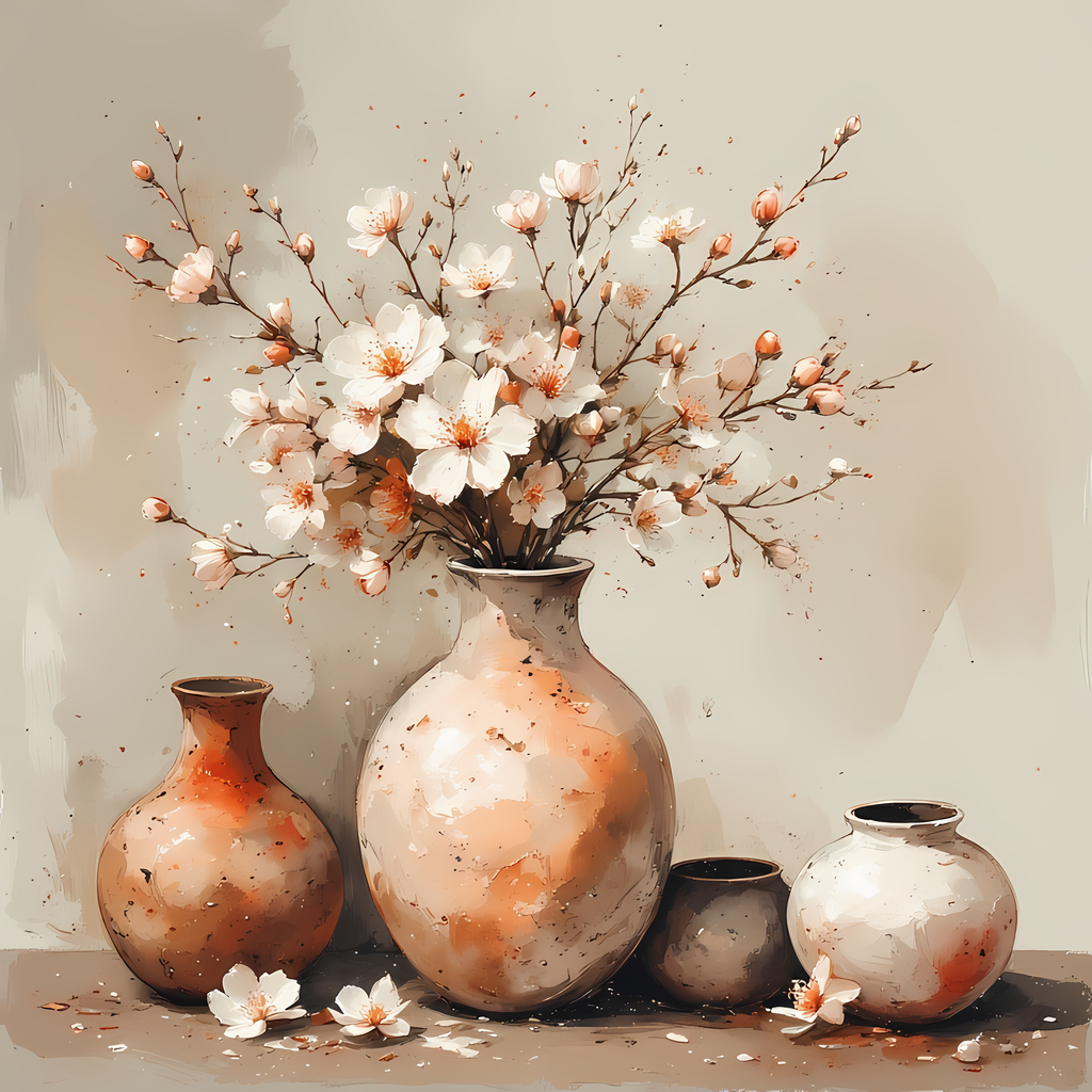 Floral Still Life Art Bundle: Painterly Impressionist Style for Home Decor. Elevate your space with this stunning collection of painterly impressionist still life artwork, featuring elegant floral arrangements in vases. With soft, earthy tones and a relax