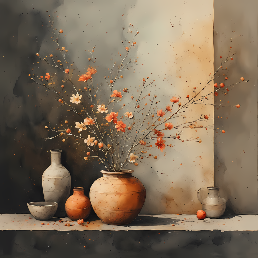 Floral Still Life Art Bundle: Painterly Impressionist Style for Home Decor. Elevate your space with this stunning collection of painterly impressionist still life artwork, featuring elegant floral arrangements in vases. With soft, earthy tones and a relax