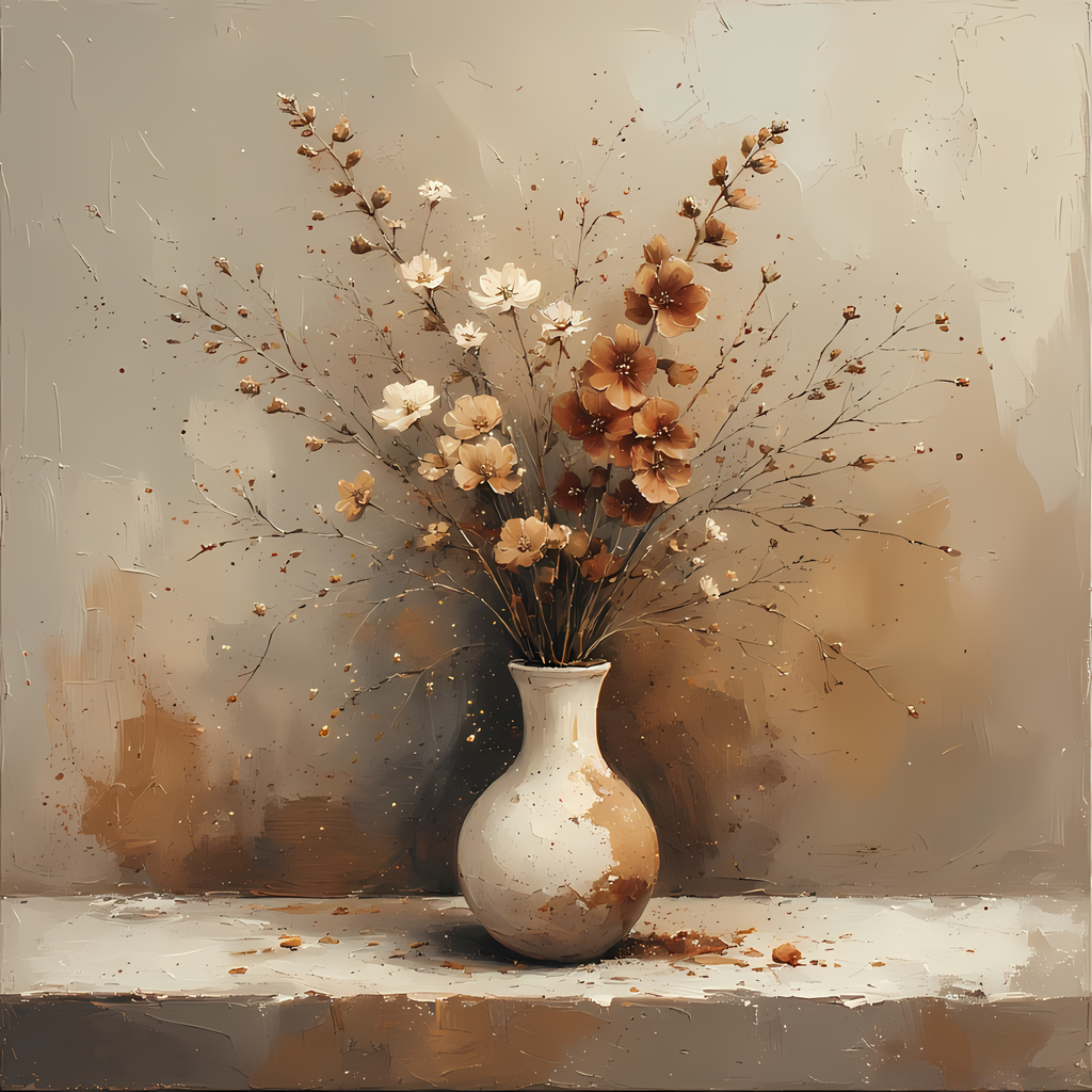 Floral Still Life Art Bundle: Painterly Impressionist Style for Home Decor. Elevate your space with this stunning collection of painterly impressionist still life artwork, featuring elegant floral arrangements in vases. With soft, earthy tones and a relax