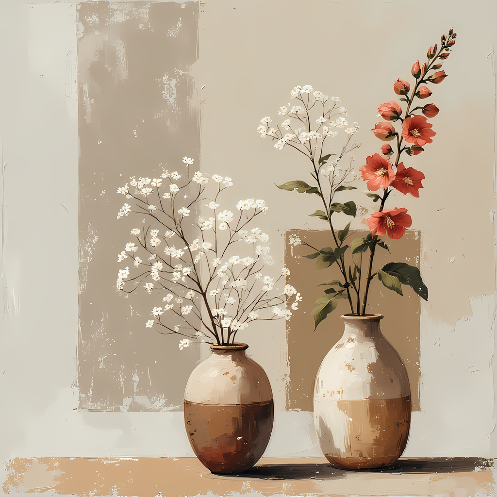 Floral Still Life Art Bundle: Painterly Impressionist Style for Home Decor. Elevate your space with this stunning collection of painterly impressionist still life artwork, featuring elegant floral arrangements in vases. With soft, earthy tones and a relax