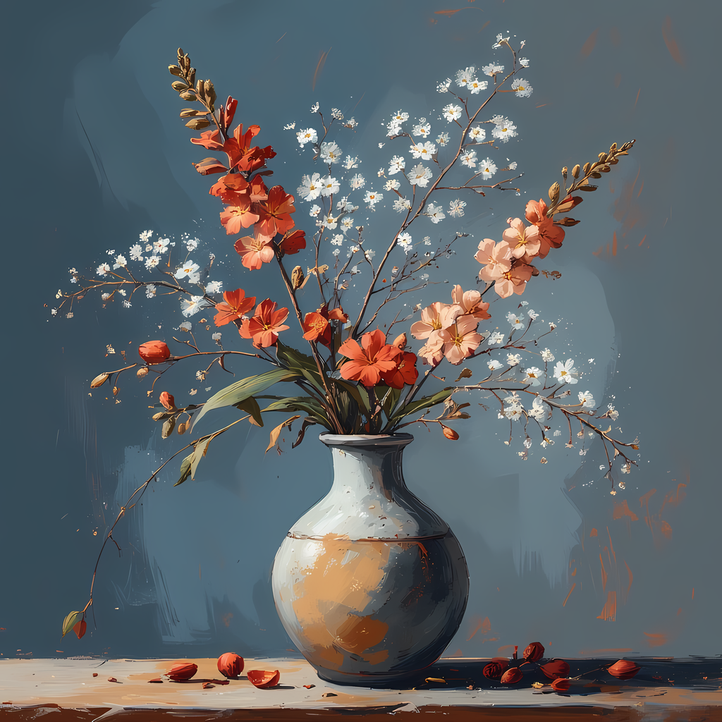 Floral Still Life Art Bundle: Painterly Impressionist Style for Home Decor. Elevate your space with this stunning collection of painterly impressionist still life artwork, featuring elegant floral arrangements in vases. With soft, earthy tones and a relax
