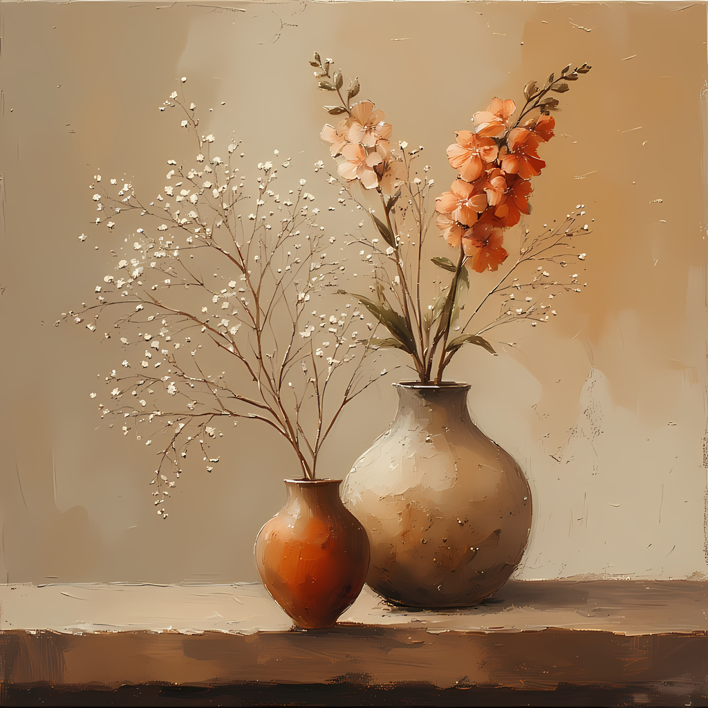 Floral Still Life Art Bundle: Painterly Impressionist Style for Home Decor. Elevate your space with this stunning collection of painterly impressionist still life artwork, featuring elegant floral arrangements in vases. With soft, earthy tones and a relax