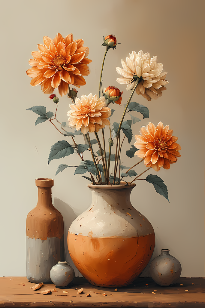 Floral Still Life Art Bundle: Painterly Impressionist Style for Home Decor. Elevate your space with this stunning collection of painterly impressionist still life artwork, featuring elegant floral arrangements in vases. With soft, earthy tones and a relax