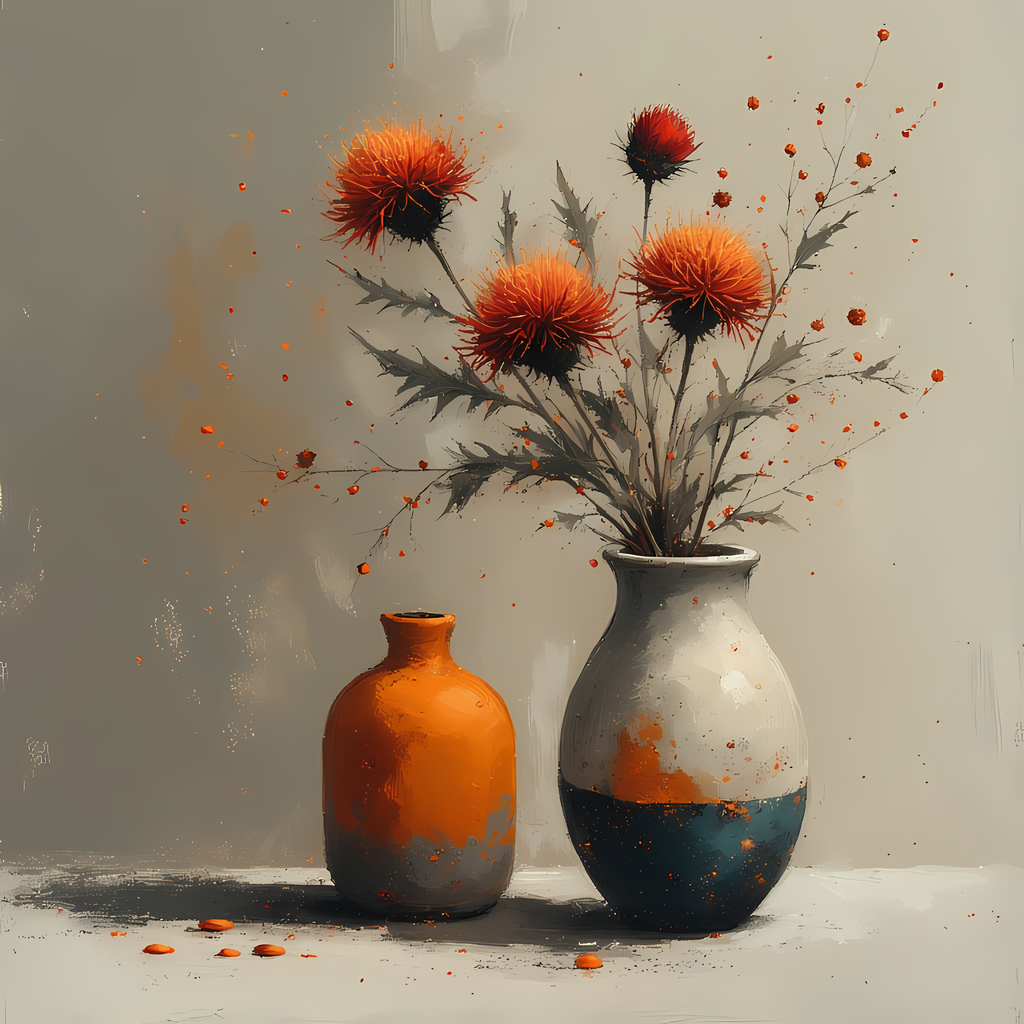 Floral Still Life Art Bundle: Painterly Impressionist Style for Home Decor. Elevate your space with this stunning collection of painterly impressionist still life artwork, featuring elegant floral arrangements in vases. With soft, earthy tones and a relax