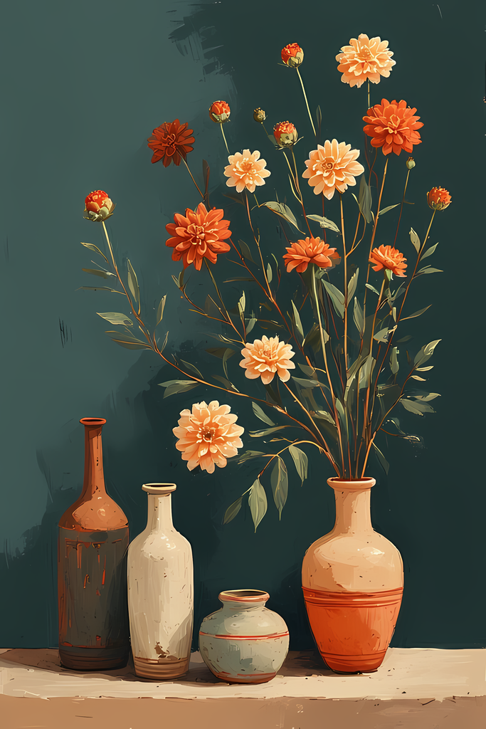 Floral Still Life Art Bundle: Painterly Impressionist Style for Home Decor. Elevate your space with this stunning collection of painterly impressionist still life artwork, featuring elegant floral arrangements in vases. With soft, earthy tones and a relax