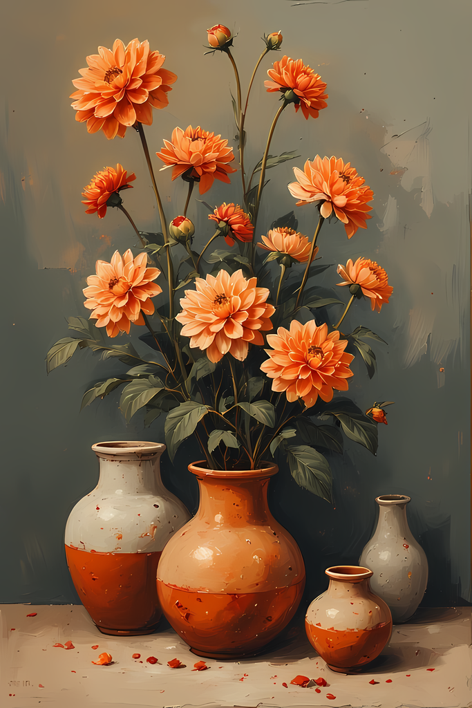 Floral Still Life Art Bundle: Painterly Impressionist Style for Home Decor. Elevate your space with this stunning collection of painterly impressionist still life artwork, featuring elegant floral arrangements in vases. With soft, earthy tones and a relax