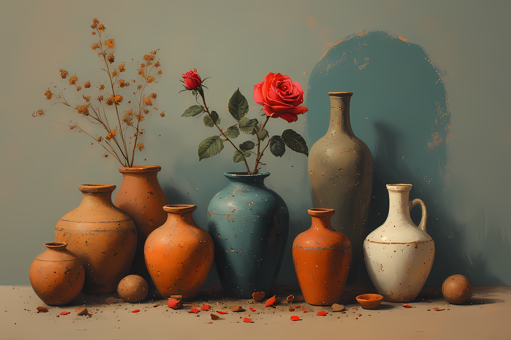 Floral Still Life Art Bundle: Painterly Impressionist Style for Home Decor. Elevate your space with this stunning collection of painterly impressionist still life artwork, featuring elegant floral arrangements in vases. With soft, earthy tones and a relax