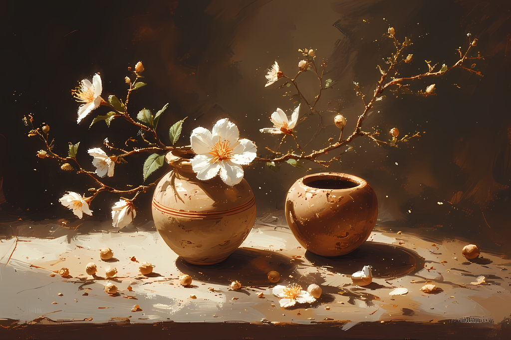 Floral Still Life Art Bundle: Painterly Impressionist Style for Home Decor. Elevate your space with this stunning collection of painterly impressionist still life artwork, featuring elegant floral arrangements in vases. With soft, earthy tones and a relax