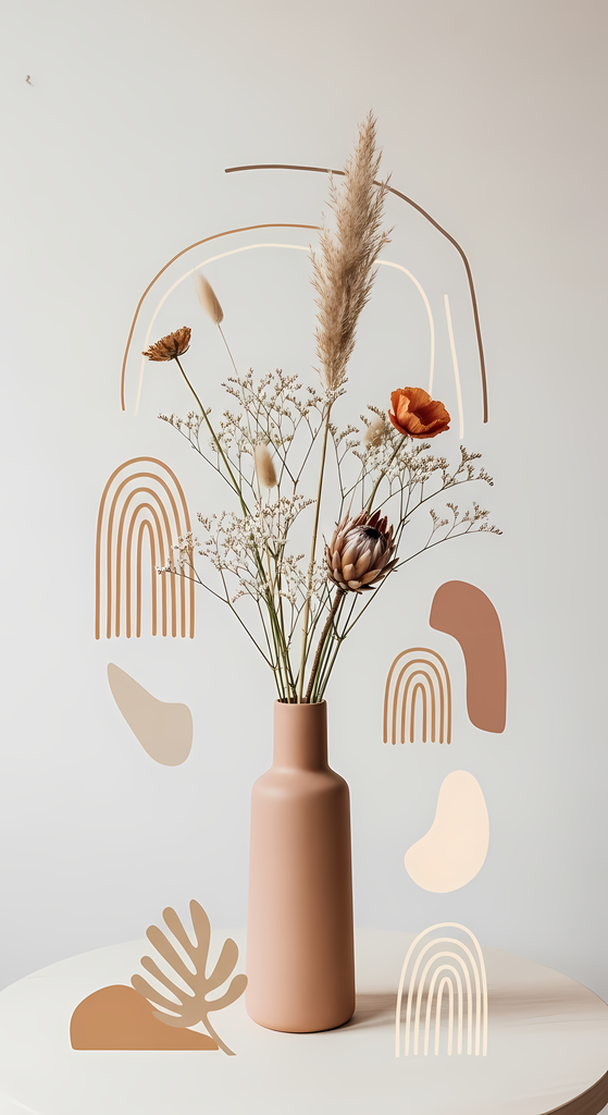 Bring warmth and elegance to your space with this beautiful boho floral wall art bundle. Featuring modern minimalist illustrations of vases filled with delicate flowers, this collection blends neutral earthy tones with soft pastel accents. The designs com