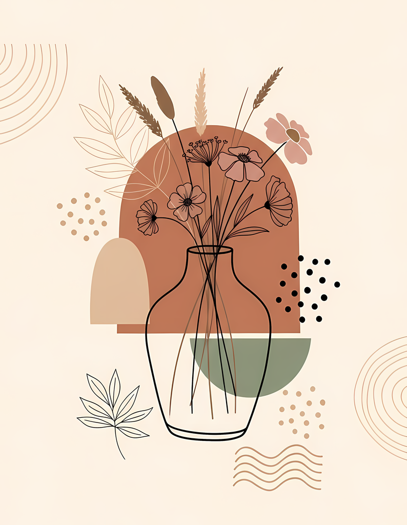 Bring warmth and elegance to your space with this beautiful boho floral wall art bundle. Featuring modern minimalist illustrations of vases filled with delicate flowers, this collection blends neutral earthy tones with soft pastel accents. The designs com