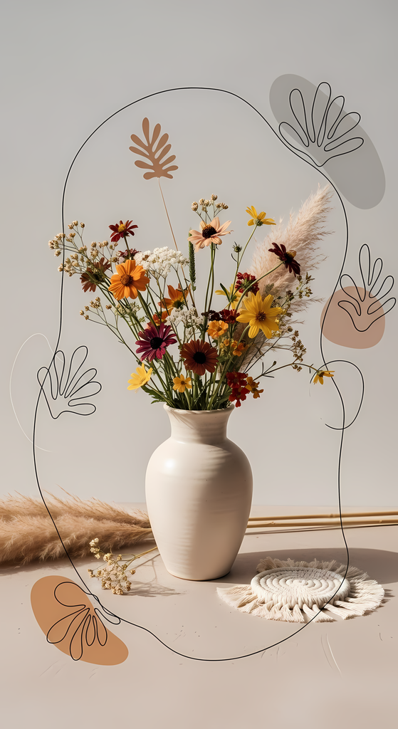 Bring warmth and elegance to your space with this beautiful boho floral wall art bundle. Featuring modern minimalist illustrations of vases filled with delicate flowers, this collection blends neutral earthy tones with soft pastel accents. The designs com