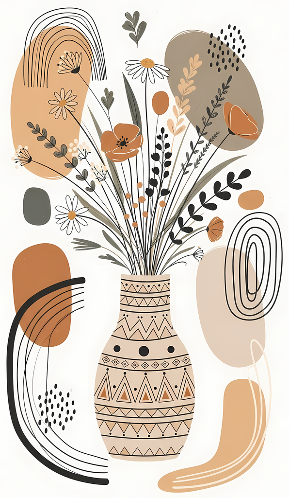 Bring warmth and elegance to your space with this beautiful boho floral wall art bundle. Featuring modern minimalist illustrations of vases filled with delicate flowers, this collection blends neutral earthy tones with soft pastel accents. The designs com