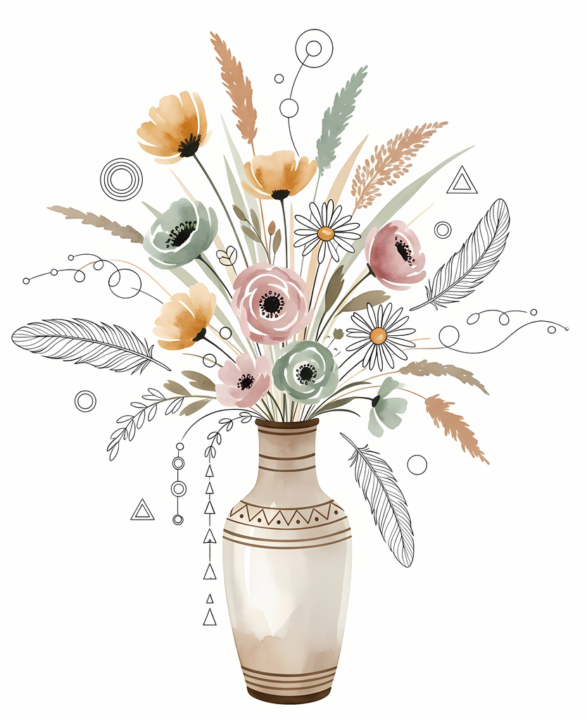 Bring warmth and elegance to your space with this beautiful boho floral wall art bundle. Featuring modern minimalist illustrations of vases filled with delicate flowers, this collection blends neutral earthy tones with soft pastel accents. The designs com
