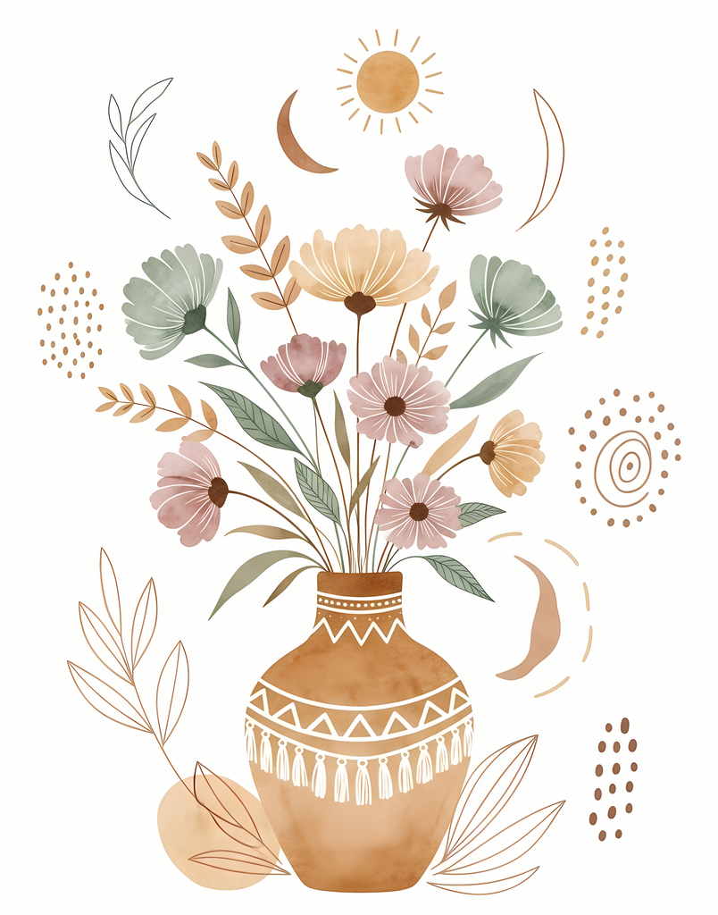 Bring warmth and elegance to your space with this beautiful boho floral wall art bundle. Featuring modern minimalist illustrations of vases filled with delicate flowers, this collection blends neutral earthy tones with soft pastel accents. The designs com