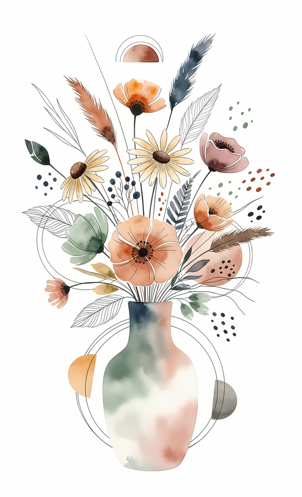 Bring warmth and elegance to your space with this beautiful boho floral wall art bundle. Featuring modern minimalist illustrations of vases filled with delicate flowers, this collection blends neutral earthy tones with soft pastel accents. The designs com