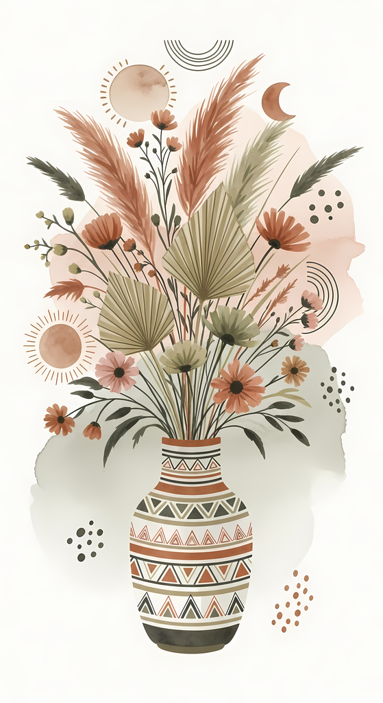 Bring warmth and elegance to your space with this beautiful boho floral wall art bundle. Featuring modern minimalist illustrations of vases filled with delicate flowers, this collection blends neutral earthy tones with soft pastel accents. The designs com