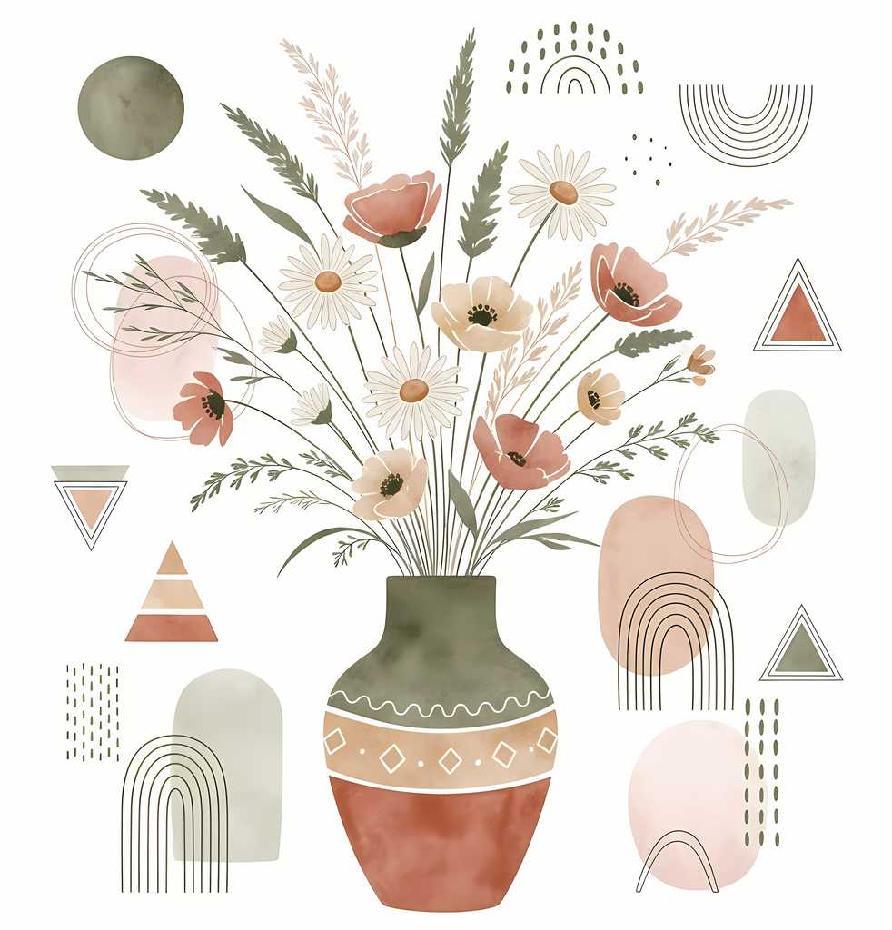 Bring warmth and elegance to your space with this beautiful boho floral wall art bundle. Featuring modern minimalist illustrations of vases filled with delicate flowers, this collection blends neutral earthy tones with soft pastel accents. The designs com