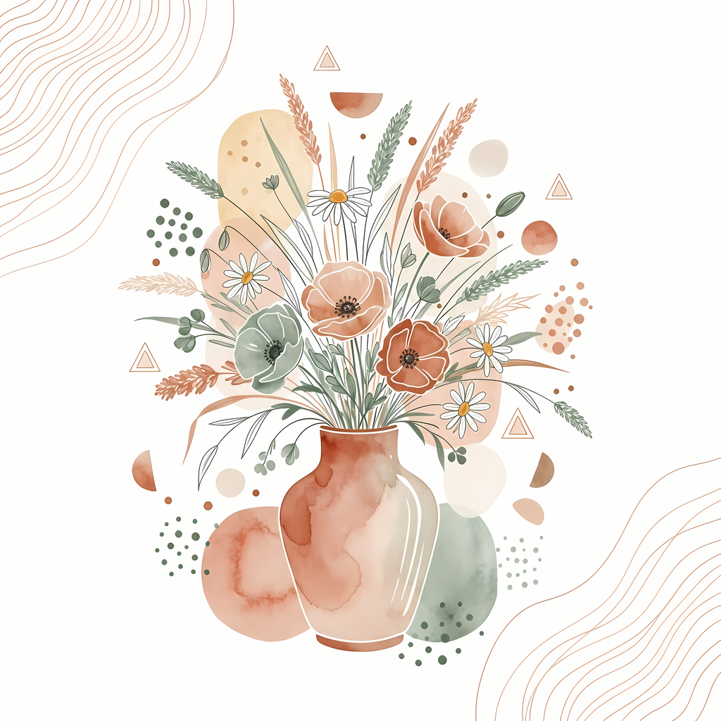 Bring warmth and elegance to your space with this beautiful boho floral wall art bundle. Featuring modern minimalist illustrations of vases filled with delicate flowers, this collection blends neutral earthy tones with soft pastel accents. The designs com