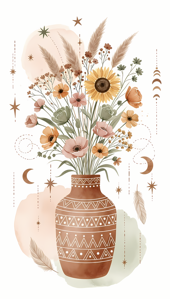 Bring warmth and elegance to your space with this beautiful boho floral wall art bundle. Featuring modern minimalist illustrations of vases filled with delicate flowers, this collection blends neutral earthy tones with soft pastel accents. The designs com