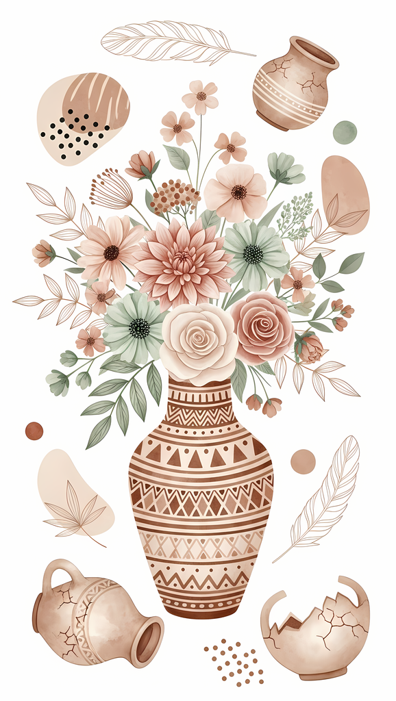 Bring warmth and elegance to your space with this beautiful boho floral wall art bundle. Featuring modern minimalist illustrations of vases filled with delicate flowers, this collection blends neutral earthy tones with soft pastel accents. The designs com