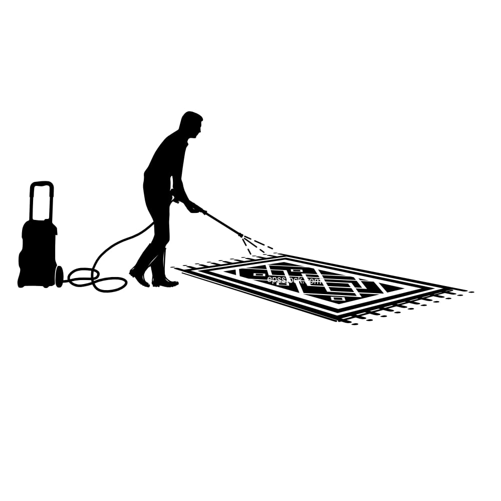 man with pressure washer washing carpet