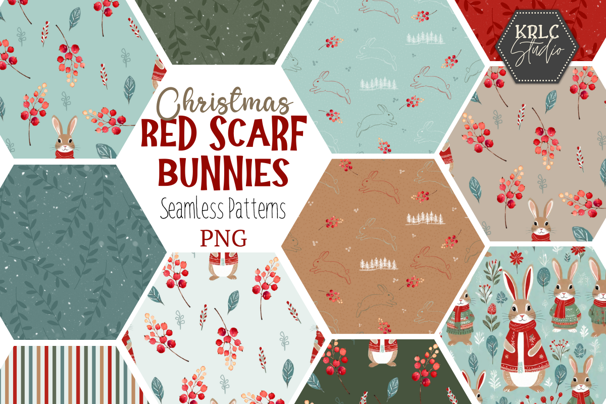 Christmas Red Scarf Bunnies Seamless Pattern - KRLC Studio Cover