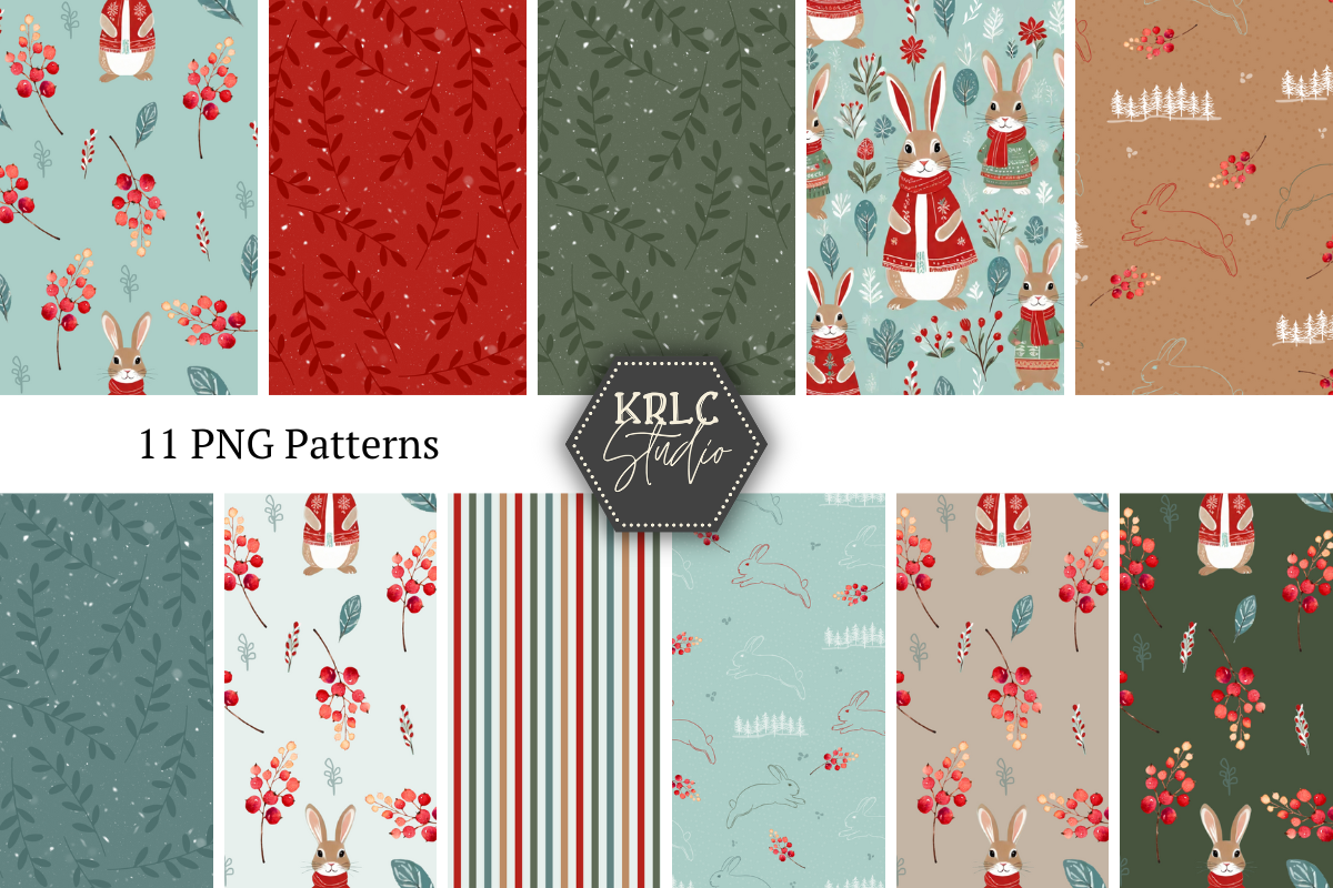 Christmas Red Scarf Bunnies Seamless Pattern - KRLC Studio