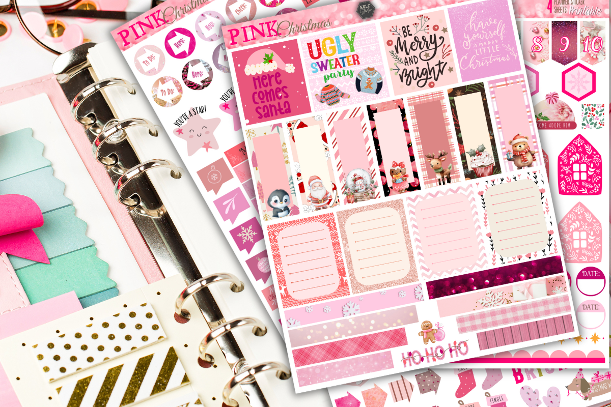 Pink Christmas Printable Planner Sticker Sheets - KRLC Studio
