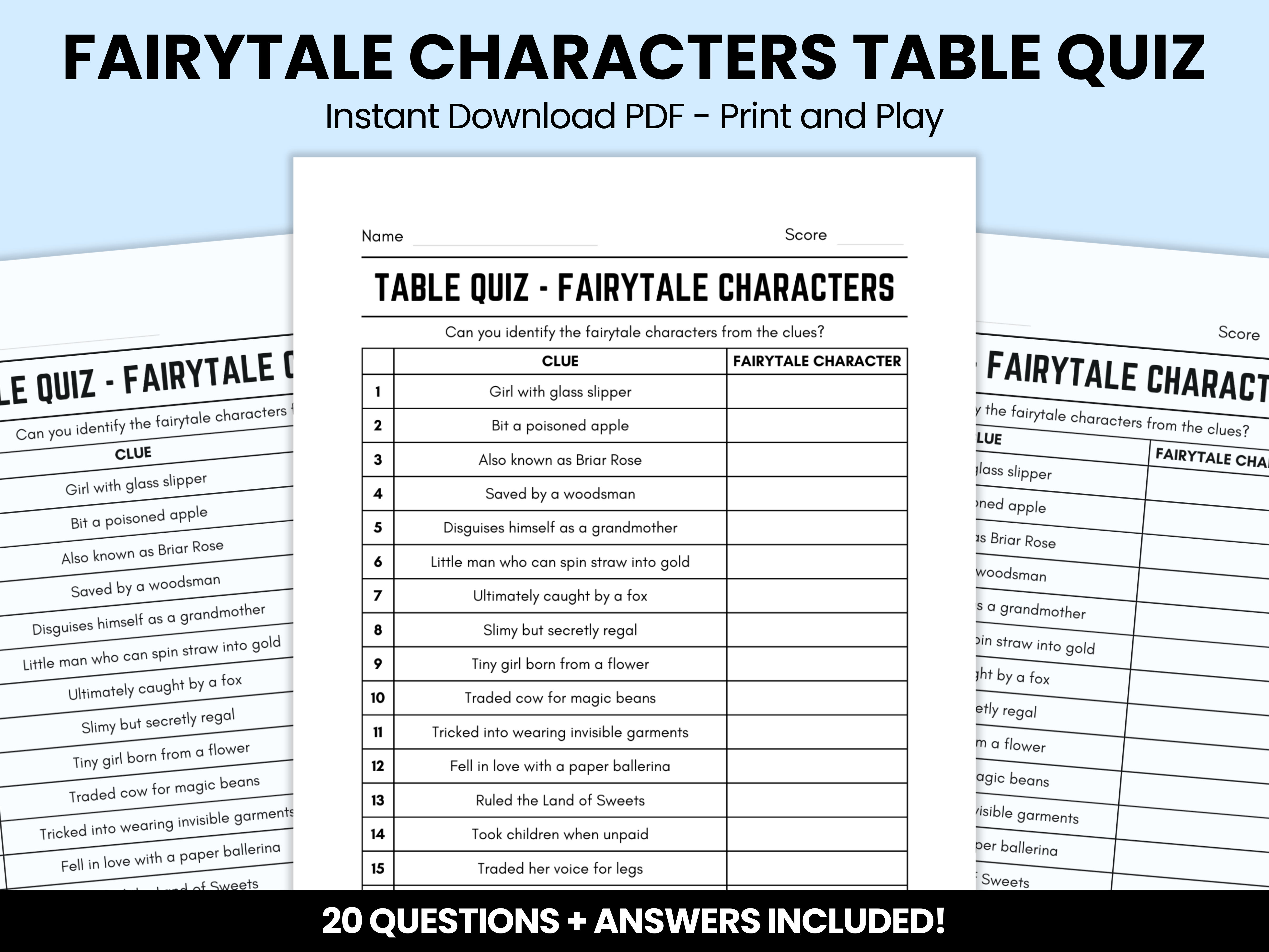 Fairytale Characters Table Quiz With Answers – Instant Download