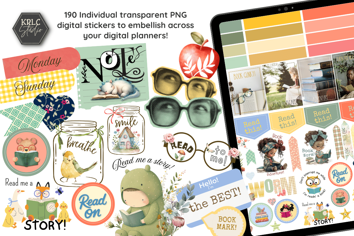 Book Worm - 190 Digital Planner Stickers - KRLC Studio