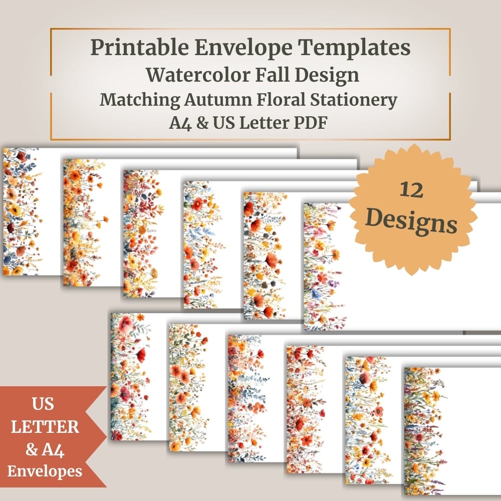 Printable Envelope Templates – Watercolor Fall Design | Matching Autumn Floral Stationery | A4 & US Letter PDF