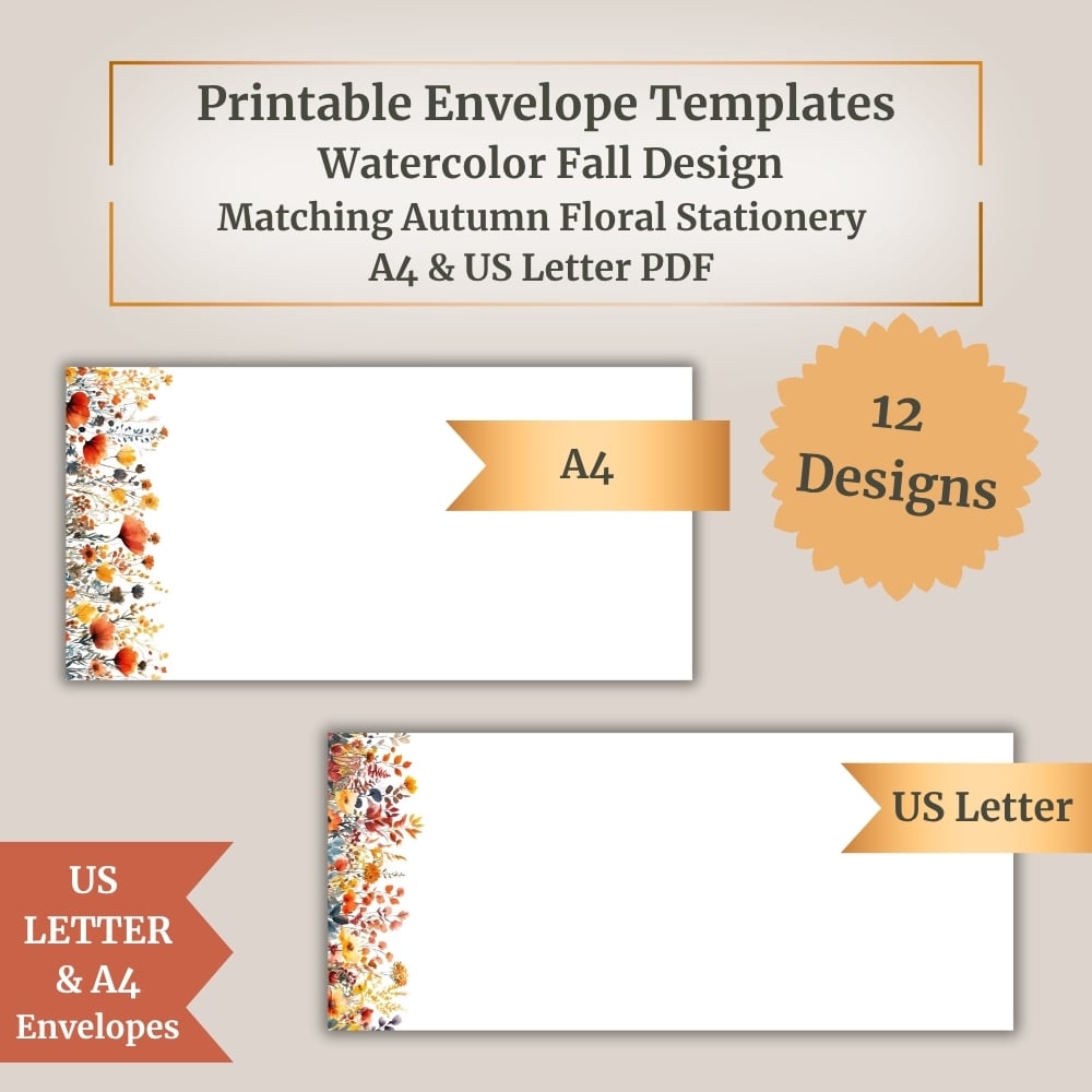 Printable Envelope Templates – Watercolor Fall Design | Matching Autumn Floral Stationery | A4 & US Letter PDF